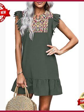 Summer Mini Dress V-Neck Floral Embroidered Sleeveless Shift Boho